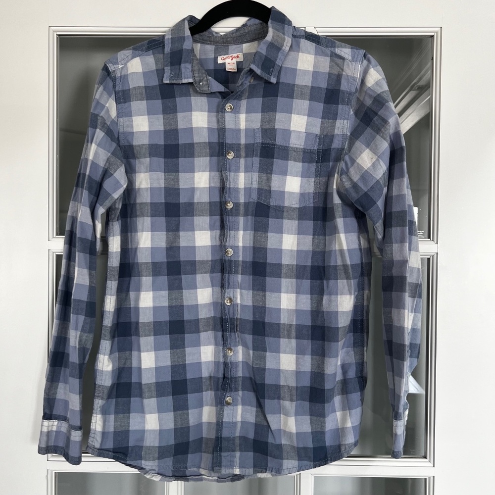 Cat and Jack Long Sleeve Button Down Blue/White Plaid Shirt Size XL(16)
